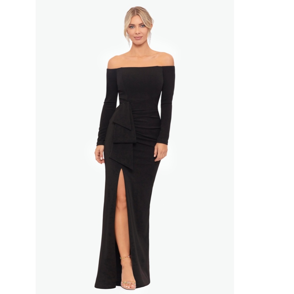 NWT..Xscape Black Off-Shoulder Long Sleeve Evening Gown - Picture 3 of 16